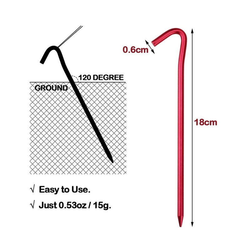 Hikemax 7075 Aluminum Tent Stakes 10 Pack - Ultralight 7 Inch Hook Tent Pegs with Carrying Pouch - Made for Camping Trip, Hiking and Gardening Red - Image 2